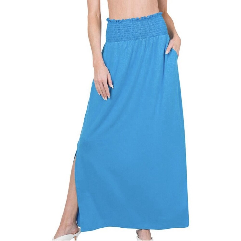 NWT Zenana Blue Maxi Skirt Elastic Waist Pockets‎ Size 1X Slits Comfort Boutique